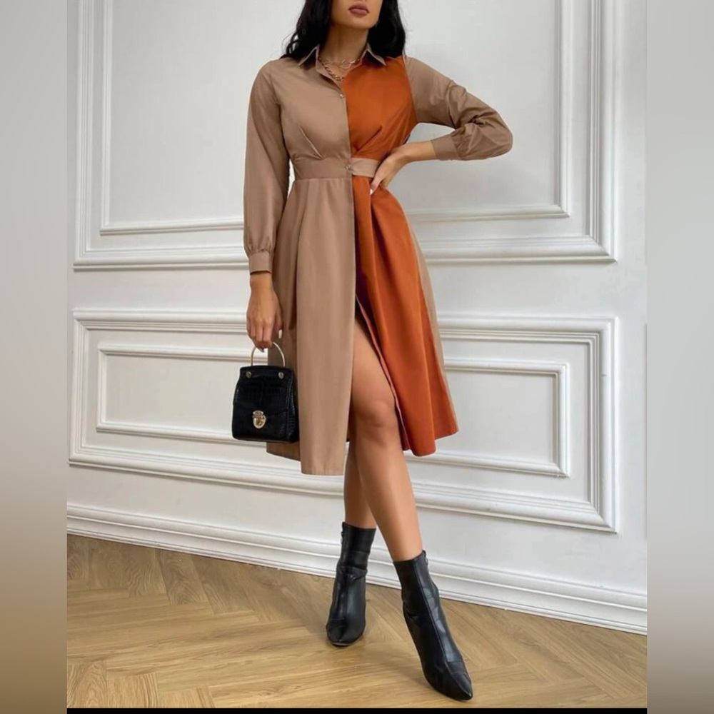 Two Tone Button Up Shirt Dress
